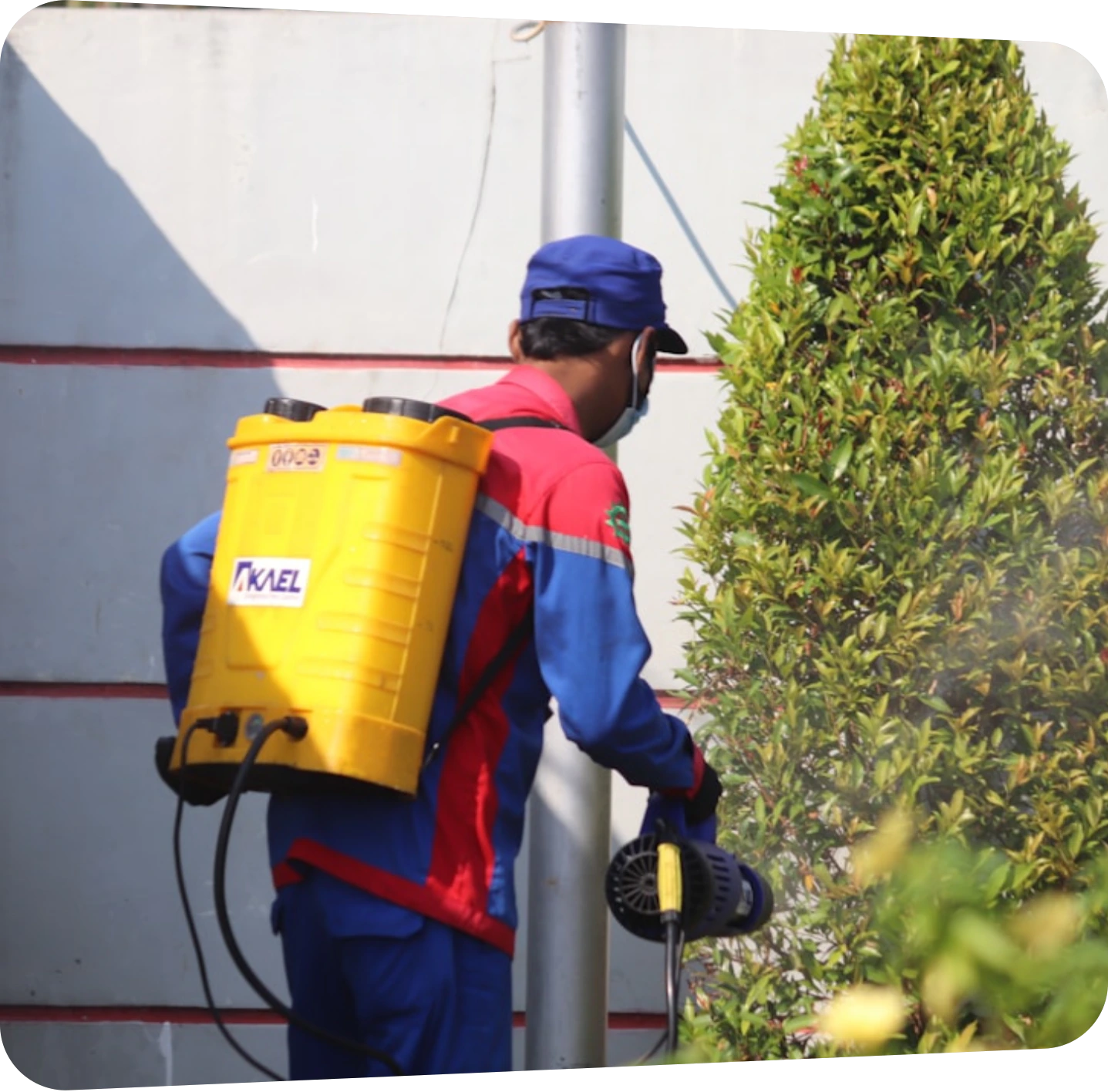 Technician with a backpack sprayer treating a building exterior